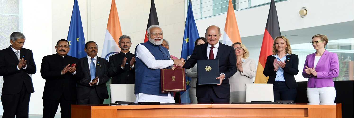 PM and the Chancellor of Germany signing the agreement, during the 6th India-Germany Inter-Governmental Consultations in Berlin, Germany on May 02, 2022.