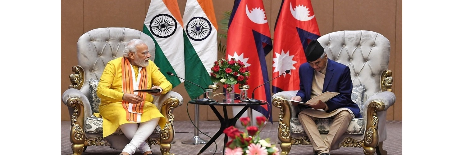 PM in a Bilateral Meeting with the PM of Nepal, Mr. Sher Bahadur Deuba, in Lumbini, Nepal on May 16, 2022.