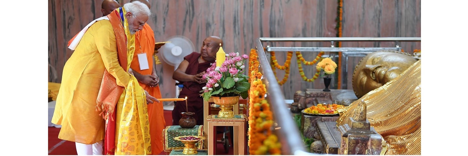 PM offers prayers at the Mahaparinirvana Stupa, in Kushinagar, Uttar Pradesh on May 16, 2022.